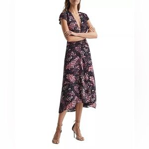 REISS Black Pink Animal Print‎ Amira Cap Sleeve Midi Dress Size 4